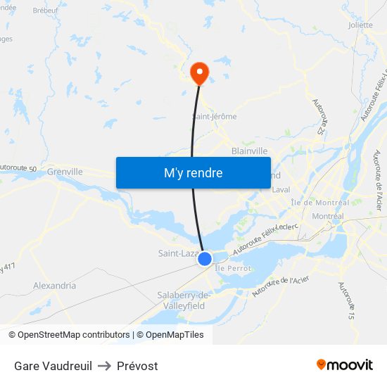 Gare Vaudreuil to Prévost map