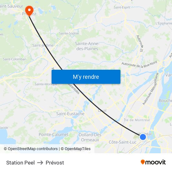 Station Peel to Prévost map