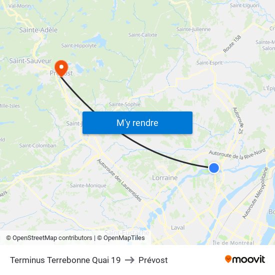 Terminus Terrebonne Quai 19 to Prévost map