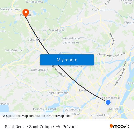 Saint-Denis / Saint-Zotique to Prévost map