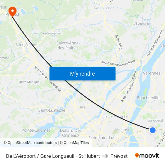 De L'Aéroport / Gare Longueuil - St-Hubert to Prévost map