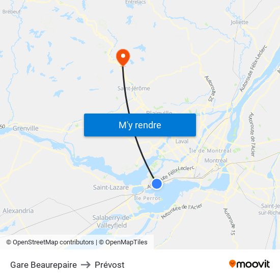 Gare Beaurepaire to Prévost map