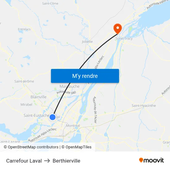 Carrefour Laval to Berthierville map