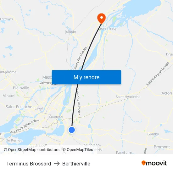 Terminus Brossard to Berthierville map