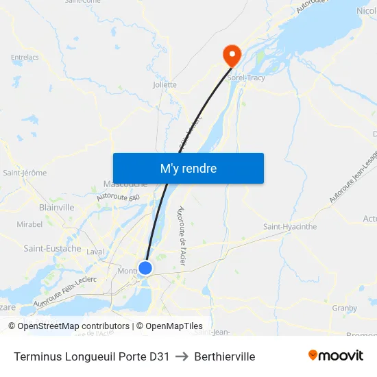Terminus Longueuil Porte D31 to Berthierville map