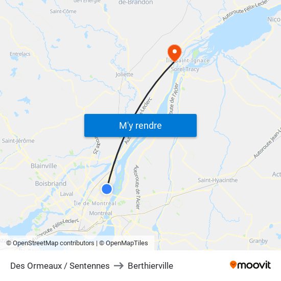 Des Ormeaux / Sentennes to Berthierville map