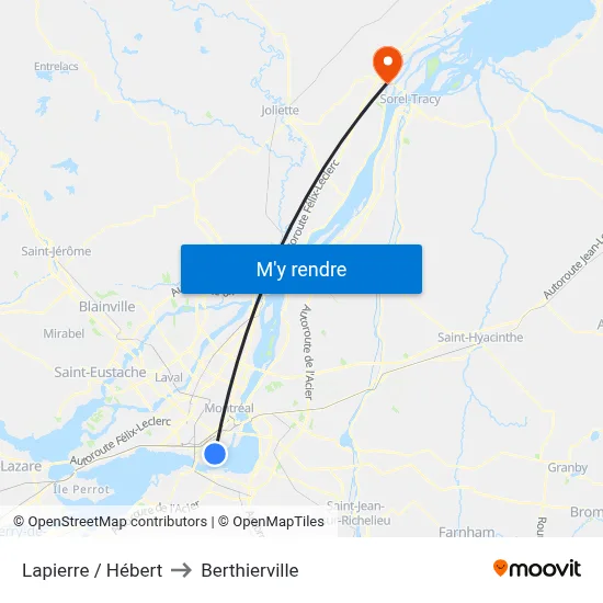 Lapierre / Hébert to Berthierville map