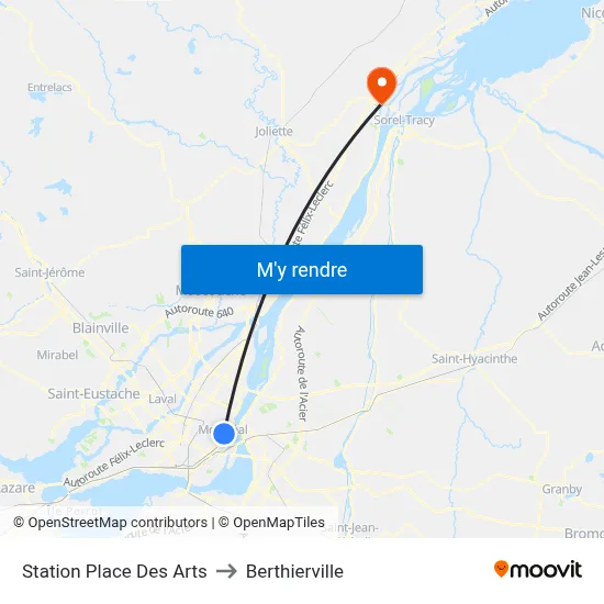 Station Place Des Arts to Berthierville map