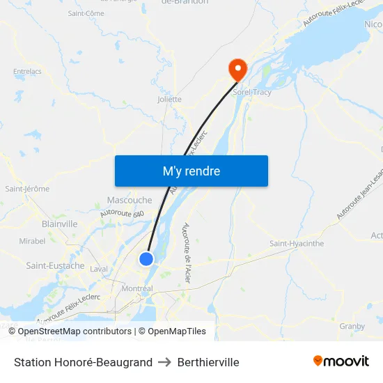 Station Honoré-Beaugrand to Berthierville map