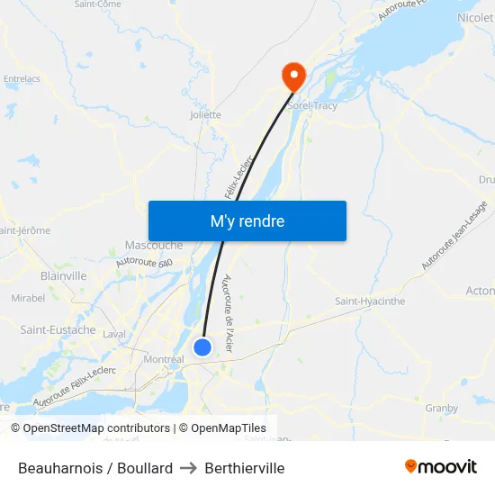 Beauharnois / Boullard to Berthierville map