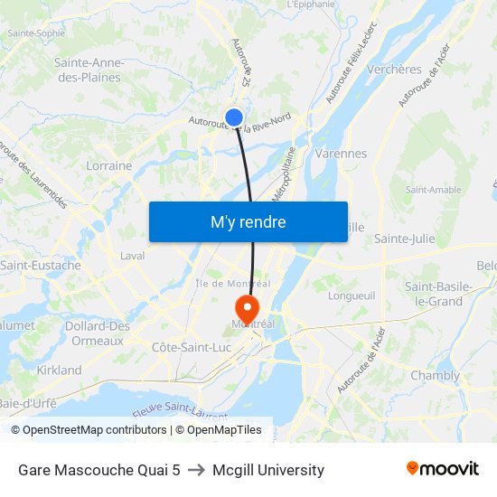 Gare Mascouche Quai 5 to Mcgill University map