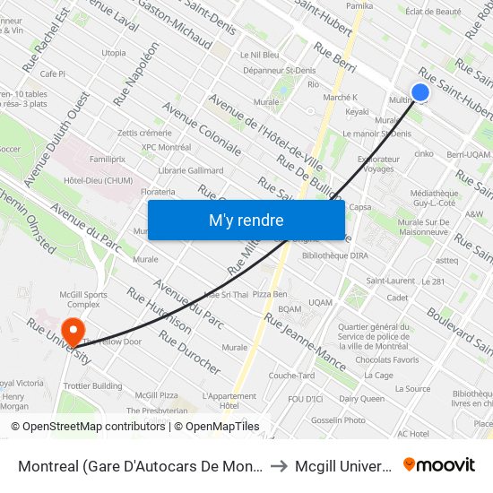 Montreal (Gare D'Autocars De Montreal) to Mcgill University map