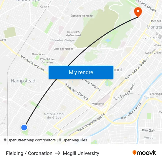 Fielding / Coronation to Mcgill University map