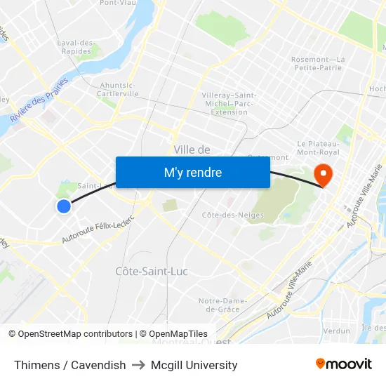 Thimens / Cavendish to Mcgill University map