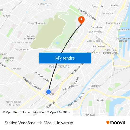 Station Vendôme to Mcgill University map