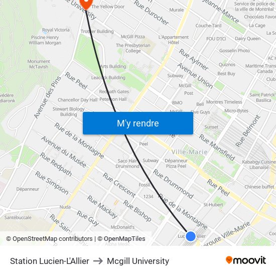 Station Lucien-L'Allier to Mcgill University map