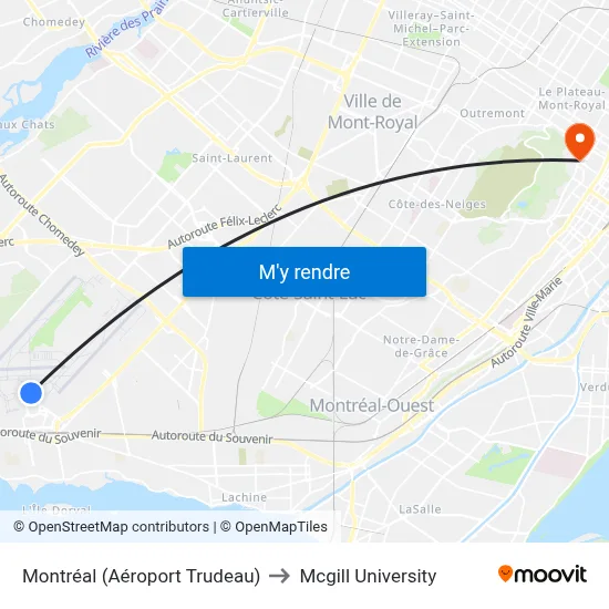 Montréal (Aéroport Trudeau) to Mcgill University map