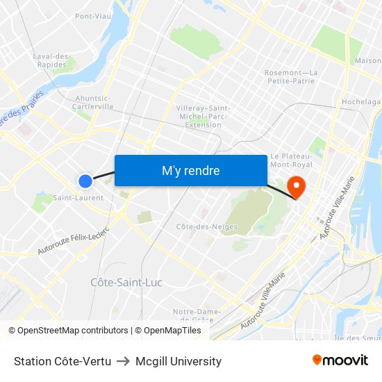 Station Côte-Vertu to Mcgill University map