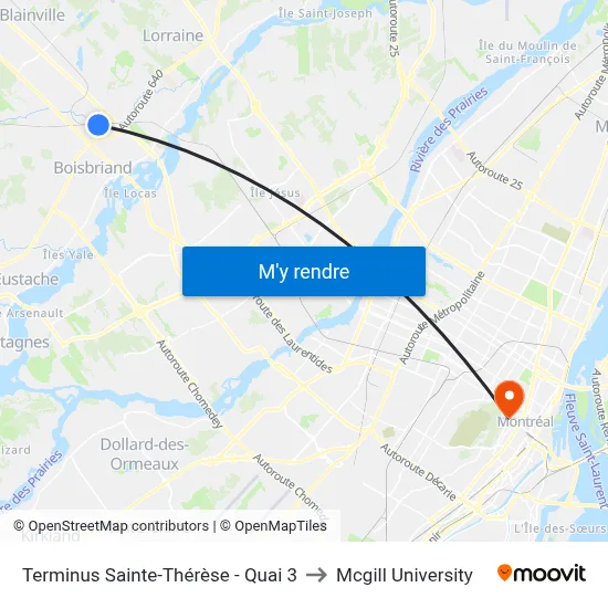 Terminus Sainte-Thérèse - Quai 3 to Mcgill University map