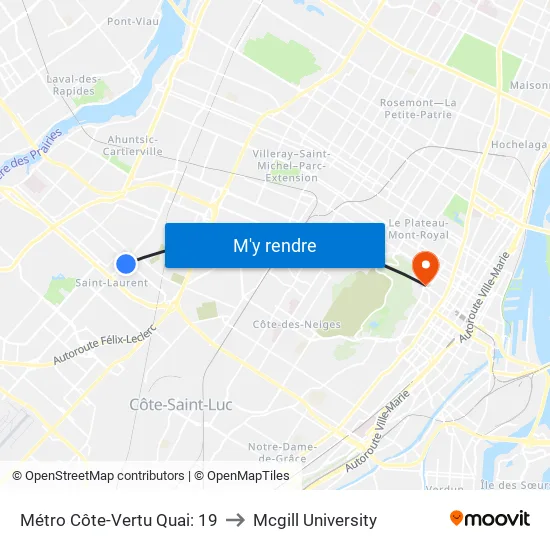 Métro Côte-Vertu Quai: 19 to Mcgill University map