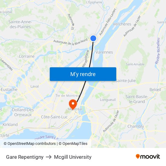 Gare Repentigny to Mcgill University map