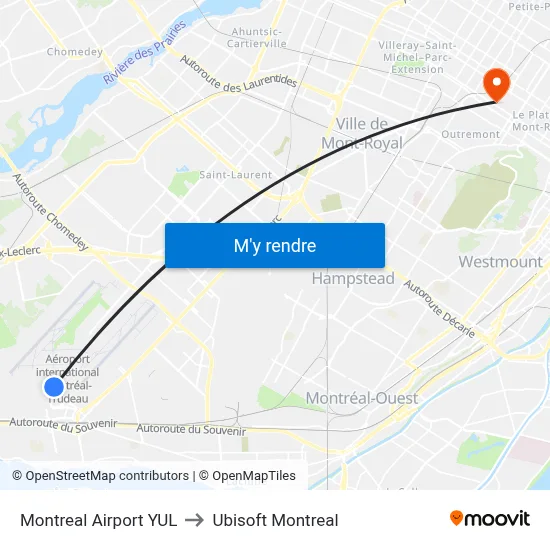 Montreal Airport YUL to Ubisoft Montreal map