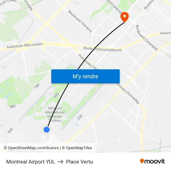 Montreal Airport YUL to Place Vertu map