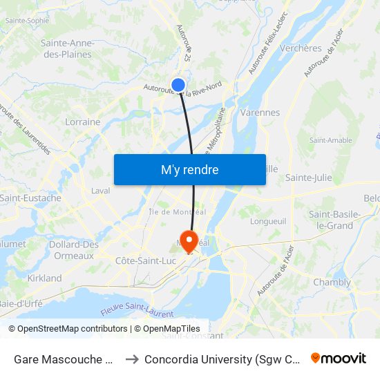 Gare Mascouche Quai 3 to Concordia University (Sgw Campus) map