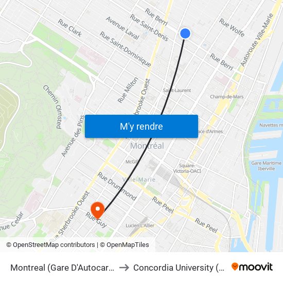Montreal (Gare D'Autocars De Montreal) to Concordia University (Sgw Campus) map