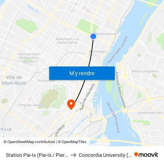 Station Pie-Ix (Pie-Ix / Pierre-De Coubertin) to Concordia University (Sgw Campus) map