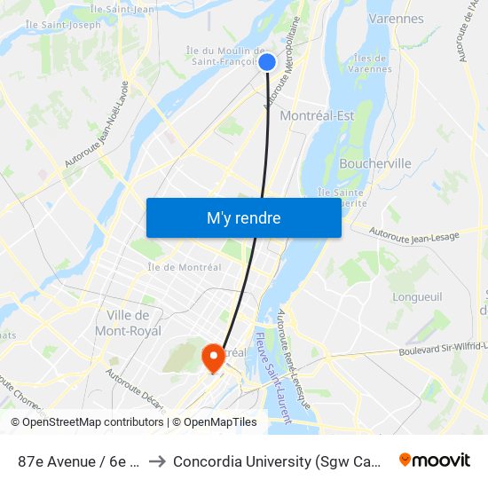 87e Avenue / 6e Rue to Concordia University (Sgw Campus) map