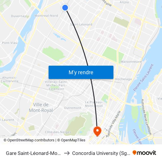 Gare Saint-Léonard-Montréal-Nord to Concordia University (Sgw Campus) map