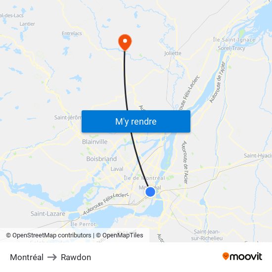 Montréal to Rawdon map