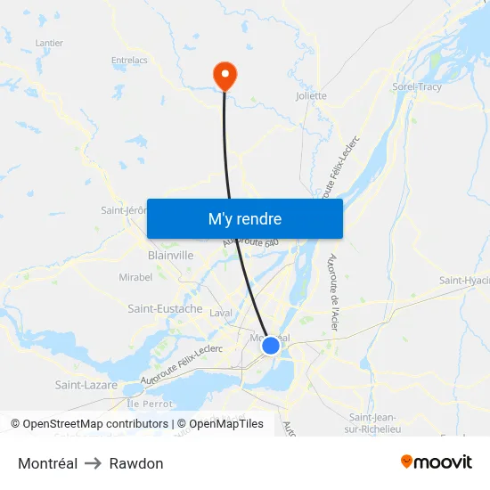 Montréal to Rawdon map