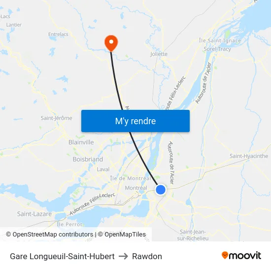 Gare Longueuil-Saint-Hubert to Rawdon map