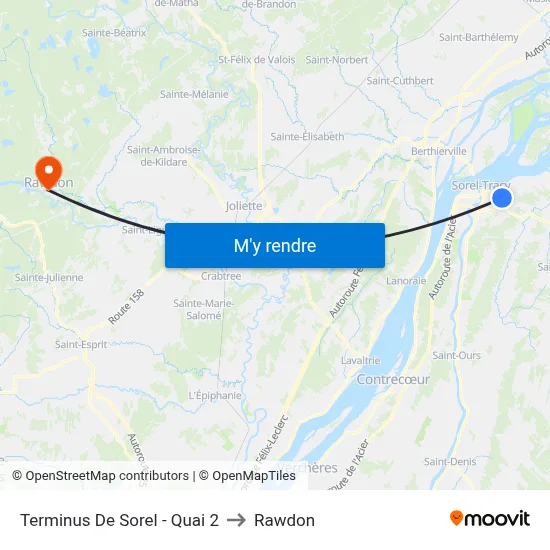 Terminus De Sorel - Quai 2 to Rawdon map