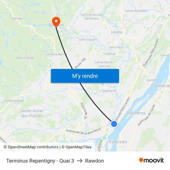 Terminus Repentigny - Quai 3 to Rawdon map