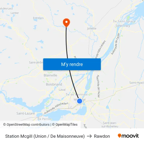 Station Mcgill (Union / De Maisonneuve) to Rawdon map