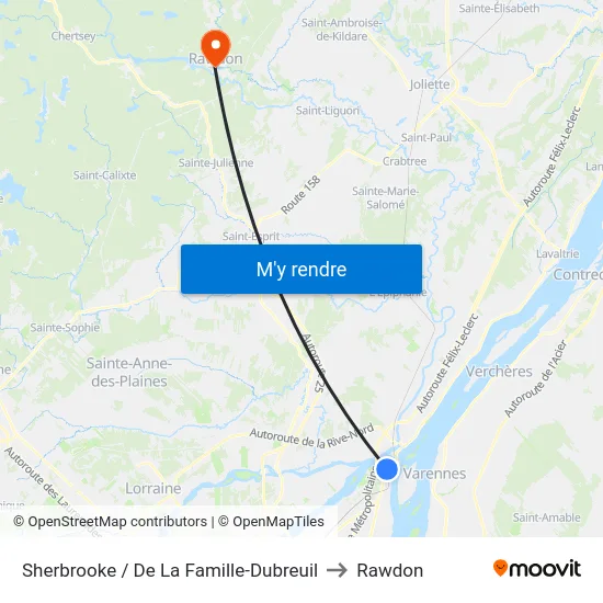 Sherbrooke / De La Famille-Dubreuil to Rawdon map
