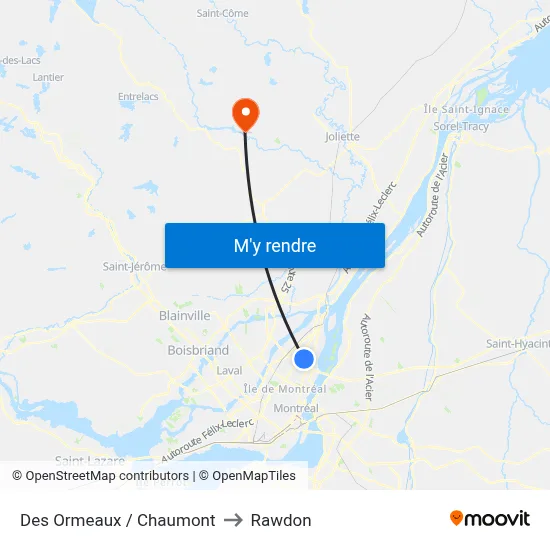 Des Ormeaux / Chaumont to Rawdon map