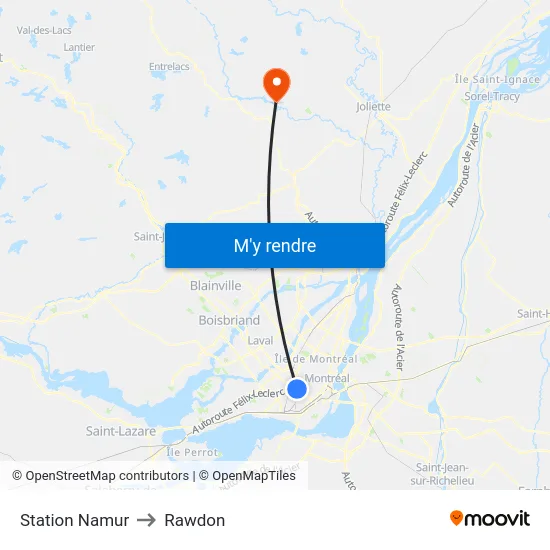 Station Namur to Rawdon map