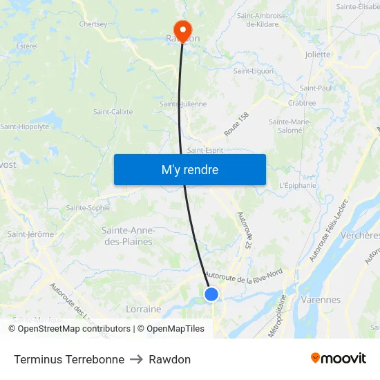 Terminus Terrebonne to Rawdon map