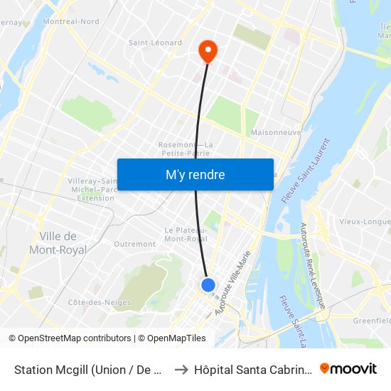 Station Mcgill (Union / De Maisonneuve) to Hôpital Santa Cabrini Ospedale map