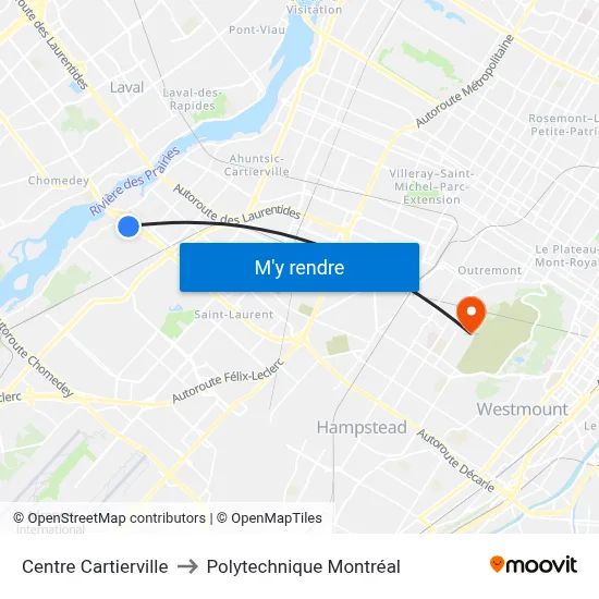 Centre Cartierville to Polytechnique Montréal map