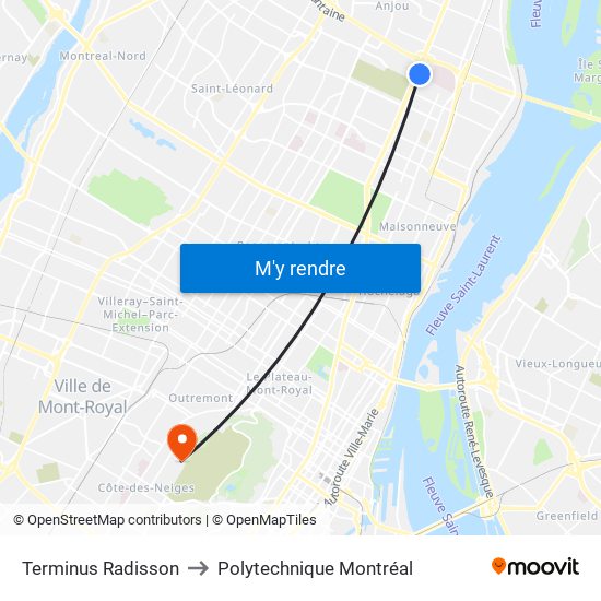 Terminus Radisson to Polytechnique Montréal map