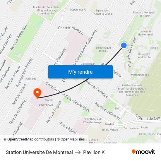 Station Université De Montreal to Pavillon K map