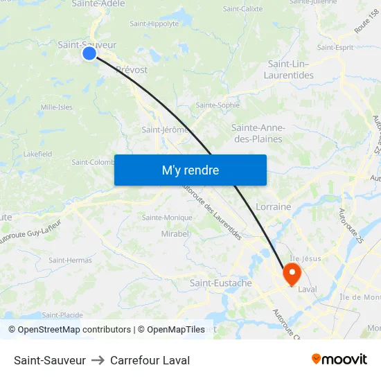 Saint-Sauveur to Carrefour Laval map