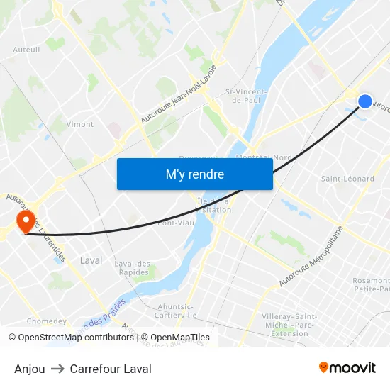 Anjou to Carrefour Laval map
