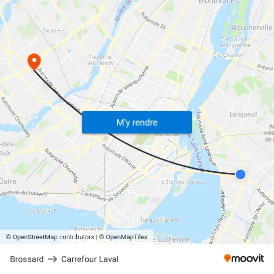 Brossard to Carrefour Laval map