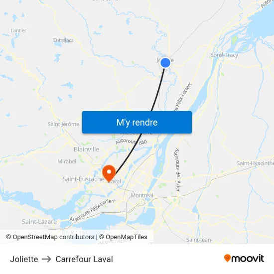 Joliette to Carrefour Laval map